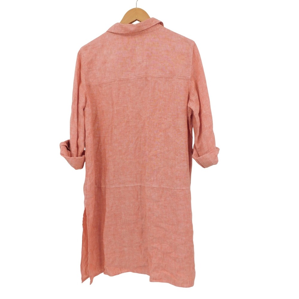Tahari Womens Coral Pink 100% Linen Button Down Roll Tab Shirt Dress Large - Picture 2 of 5